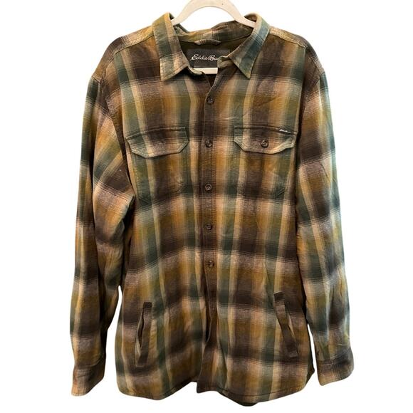 Eddie Bauer Plaid Fleece Lined Button Front Flannel Shirt Jacket Large Utility - Picture 1 of 10